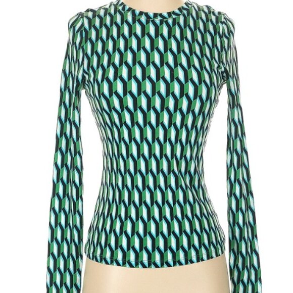 Diane Von Furstenberg Tops - Diane Von Furstenberg Long Sleeve Green White Black Top 1X NWOT